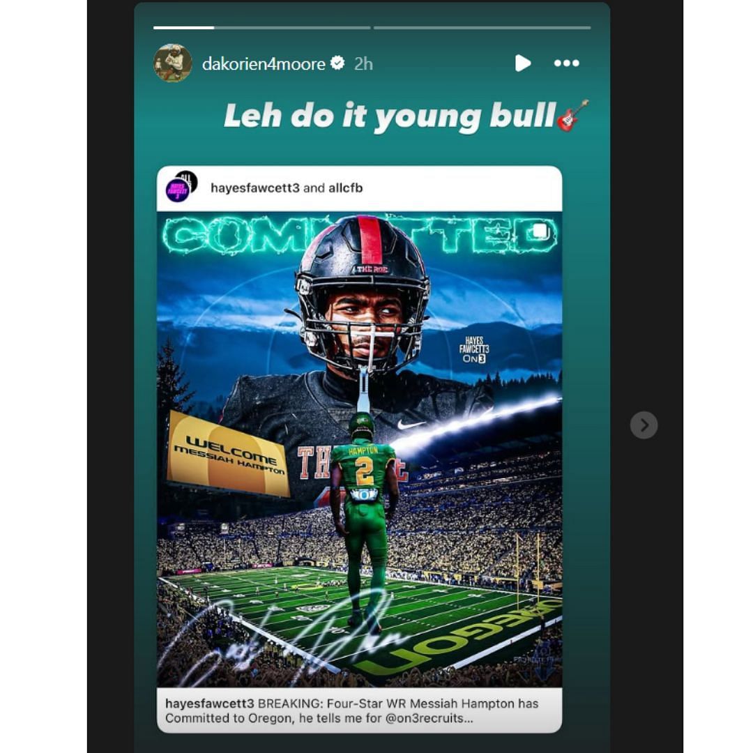 Oregon's Dakorien Moore drops 5-word message for 4-star WR Messiah Hampton as he commits to Dan Lanning's Ducks (image credit: instagram/dakorien4moore)